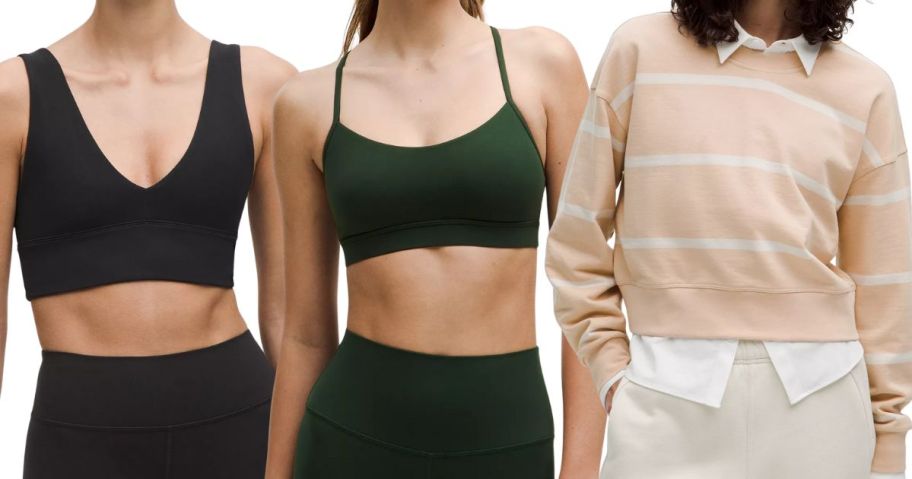 three women wearing lululemon clothing