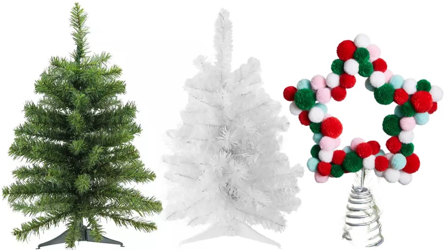 Two mini Christmas trees and a tree topper.