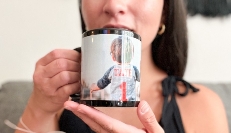 a woman drinking from a custom photo mug