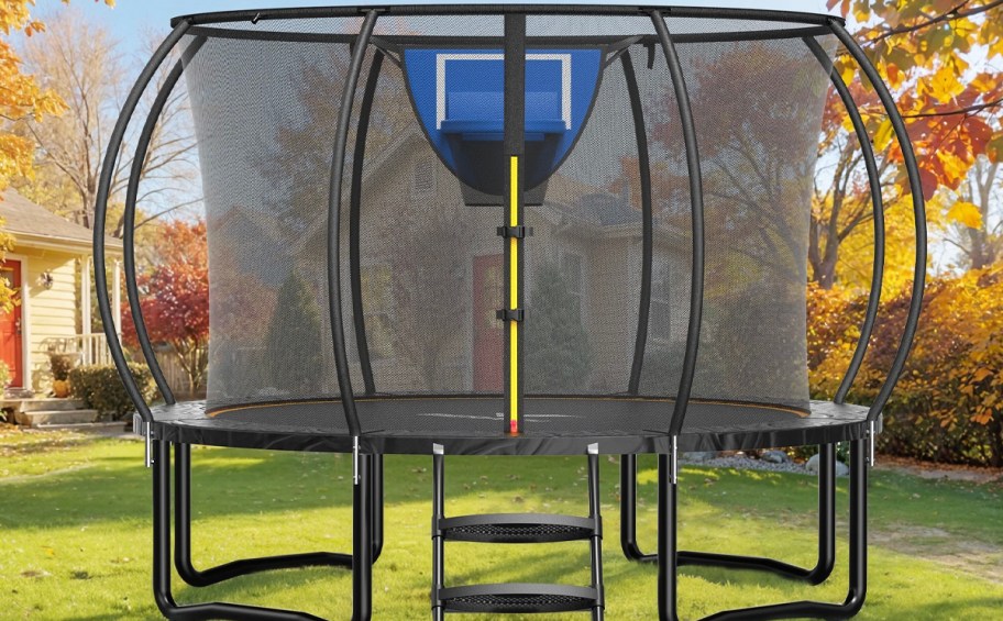 black trampoline in backyard