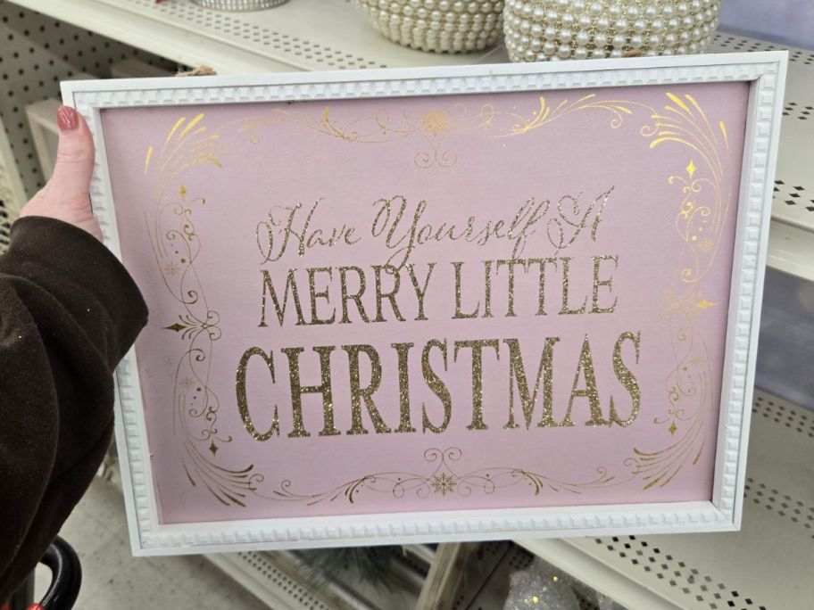 Pink Merry Little Christmas Wall Sign in hand in store