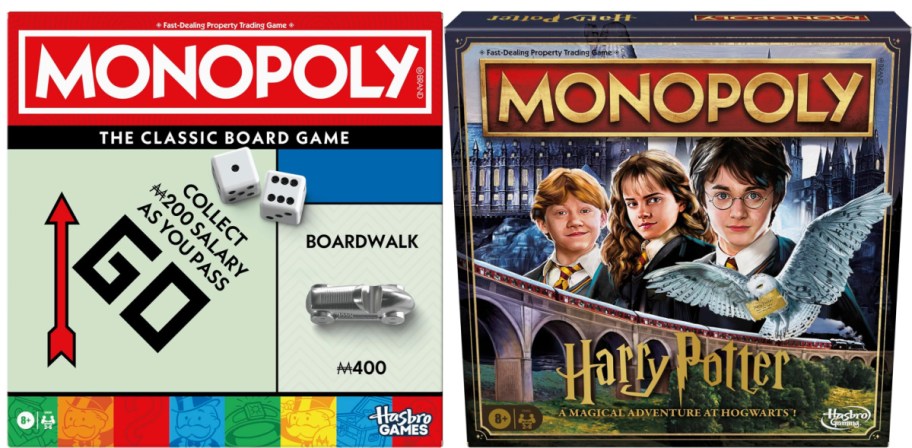 Two Monopoly board game boxes.