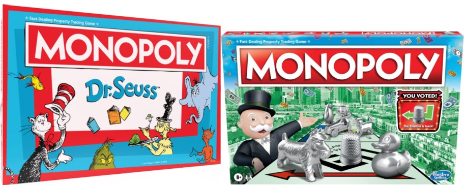Two Monopoly board game boxes.