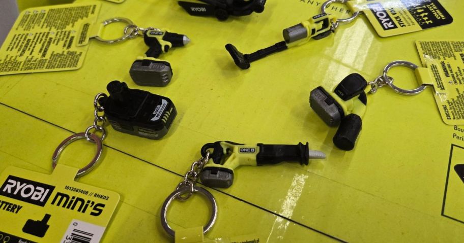 RYOBI Mini Keychain 5-Piece Set on box in store