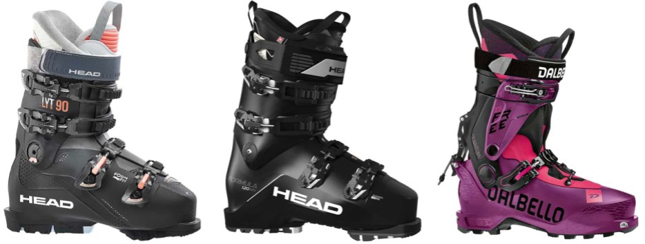 two black and one purple ski boots