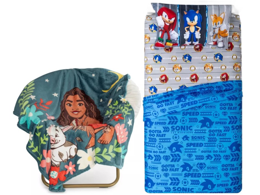 On the left, a cozy blanket with Moana characters is draped over a chair. On the right, a blue and gray bedding set features bold "Sonic" patterns and character designs.