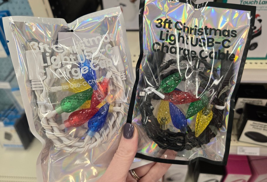 Two bags of Christmas lights phone charging cables.