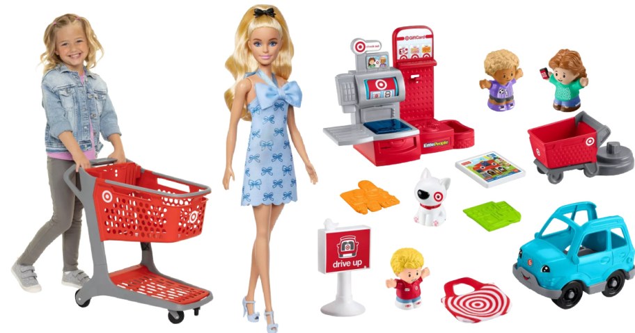girl pushing a red toy shipping cart, barbie and collage of toys