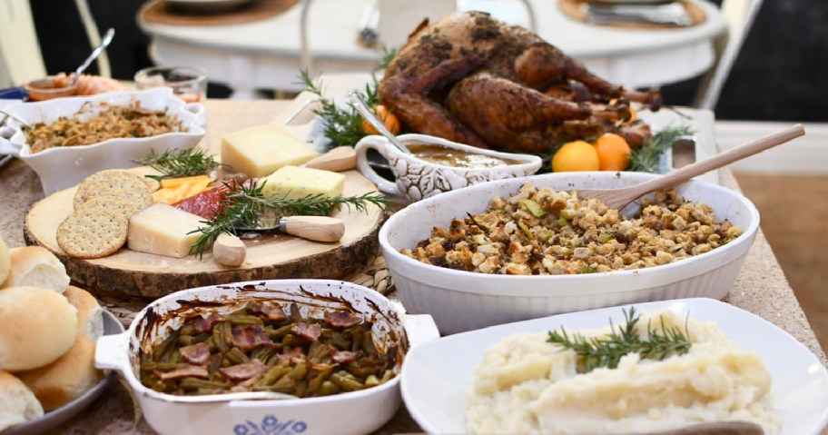 thanksgiving meal at Lina's house with turkey and side dishes 