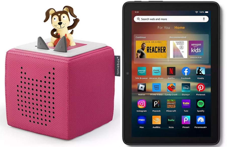 pink tonies box and black amazon tablet