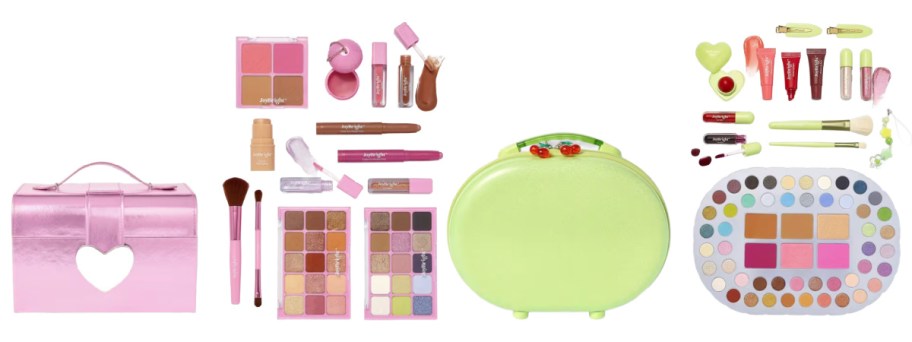pink and green beauty boxes with lots of beauty items