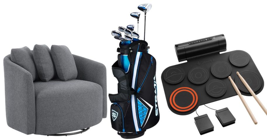 chair, golf clubs, and electric drums