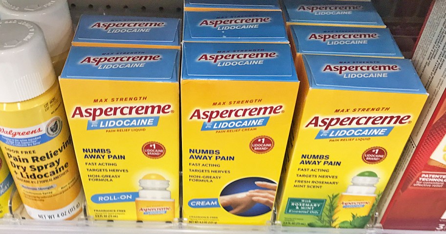 boxes of Aspercreme products on store shelf