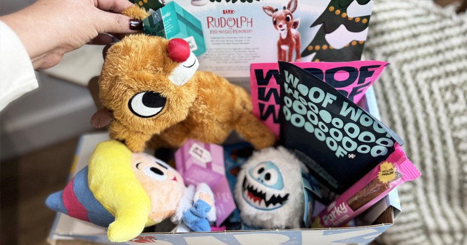 hand grabbing a Rudolph toy from BarkBox