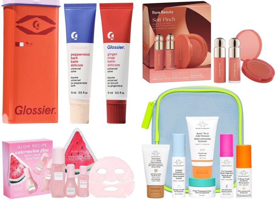 Glossier Sugar + Spice Balm Dotcom Lip Balm Duo Makeup Gift Set, Rare Beauty Soft Pinch Cheek & Lip Trio Makeup Gift Set, Glow Recipe Watermelon Glow Dewy Skin Routine Gift Set, Drunk Elephant The Littles Travel Skincare Set