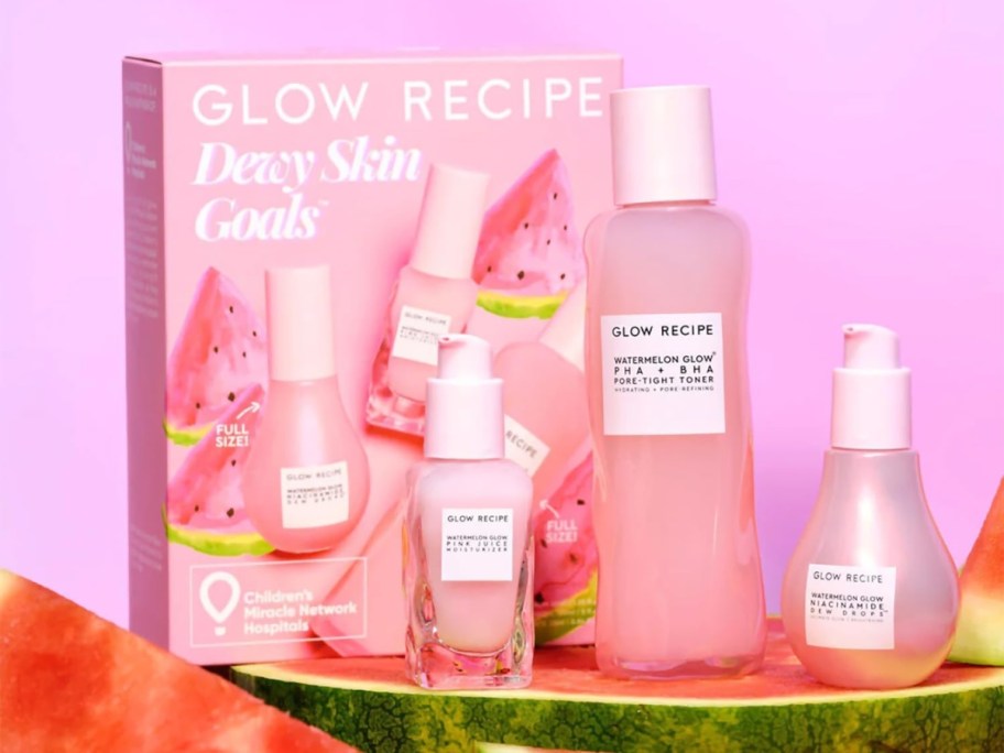 glow recipe box with watermelon dewy skin skincare set on watermelon