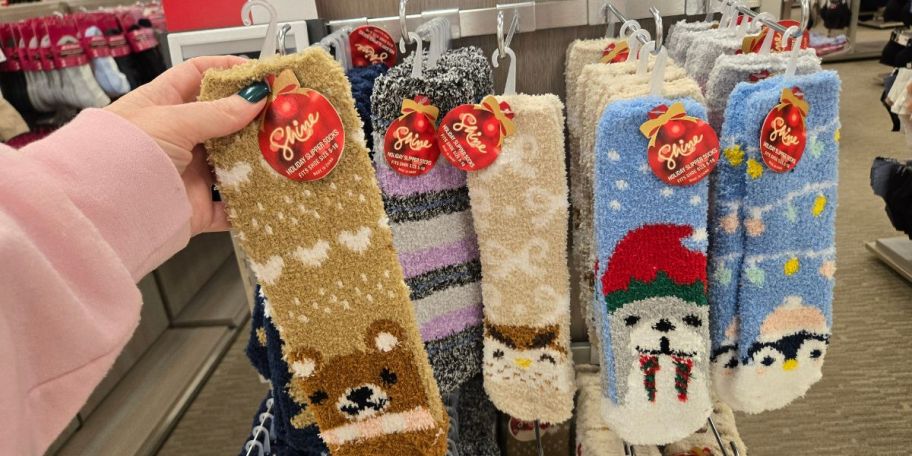 Several Christmas themed cozy socks
