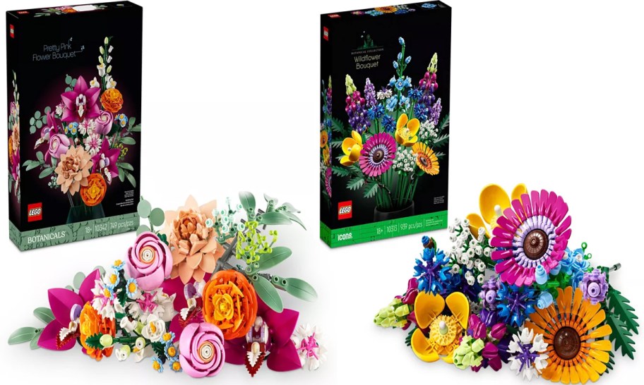 two LEGO Botanicals bouquets with their boxes