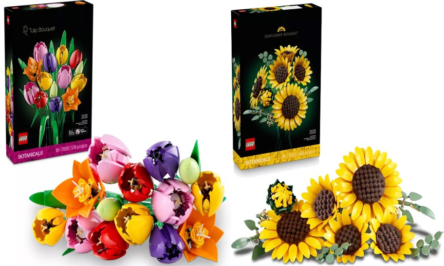 tulip and sunflower lego bouquets with their boxes