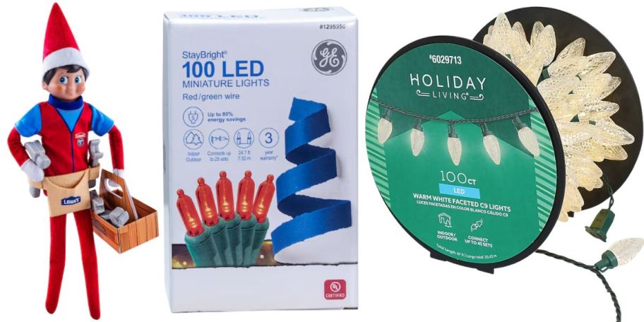 An Elf on the Shelf in Lowe's, box of lights, and a spool of lights