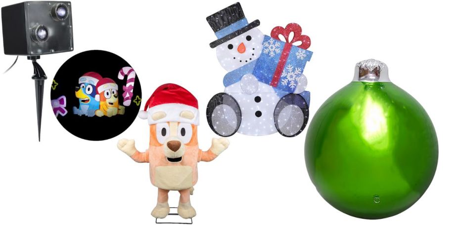 A projector, Bingo, snowman, and a green ornament 
