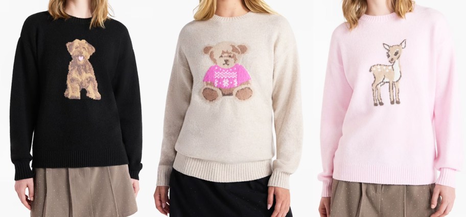 three women modeling black, white, and pink sweaters