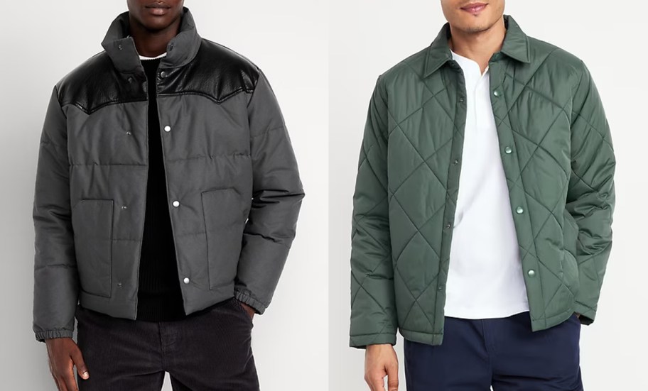 two men in grey and green jackets