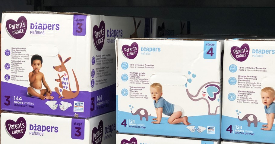 boxes of Parent's Choice diapers on store shelf