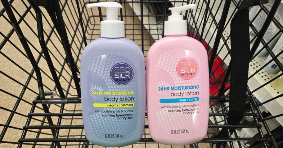 purple and pink bottles of Pure Silk body lotions in shopping cart