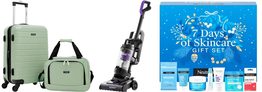 luggage set, vacuum, and skincare gift set
