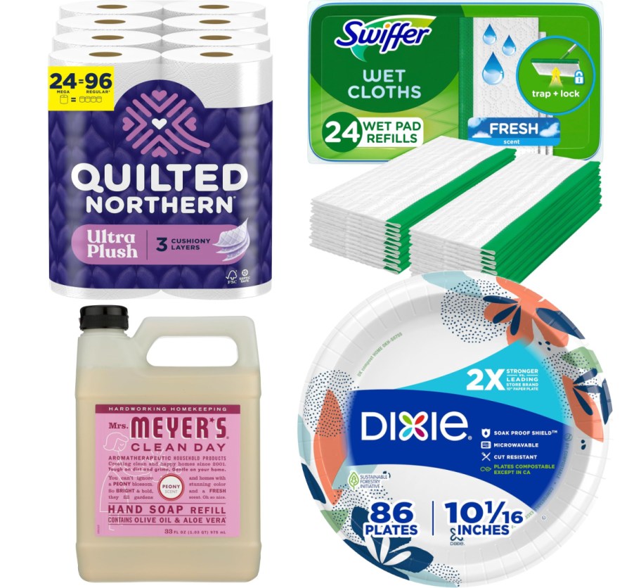 toilet paper, wet mop cloths, large soap refill, and paper plates