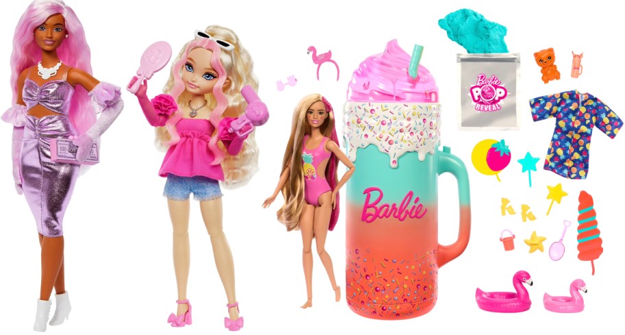 barbies with purple and pink outfits and accessories
