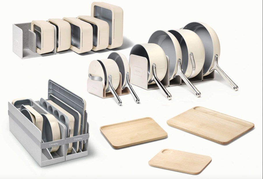 white cookware set, bakeware, and cutting boards