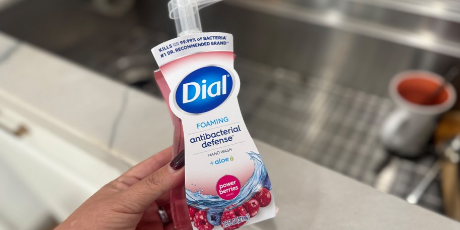 hand holding dial hand soap bottle 