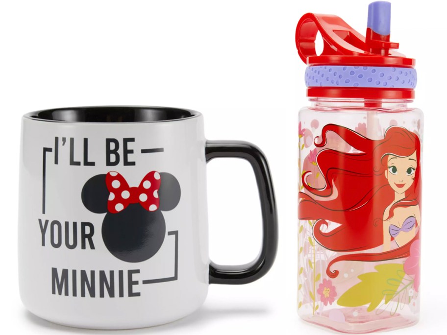 minnie mouse mug and areil water bottle 