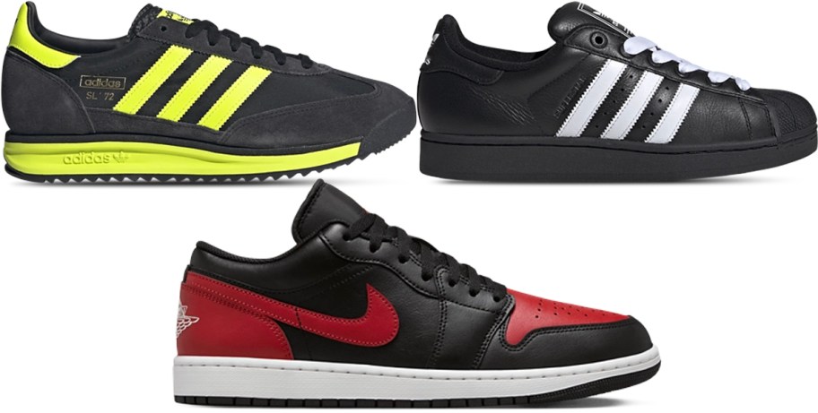 three pairs of black and yellow, white, and red shoes 