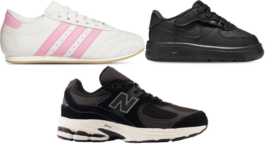 pink and white, and two black shoes 
