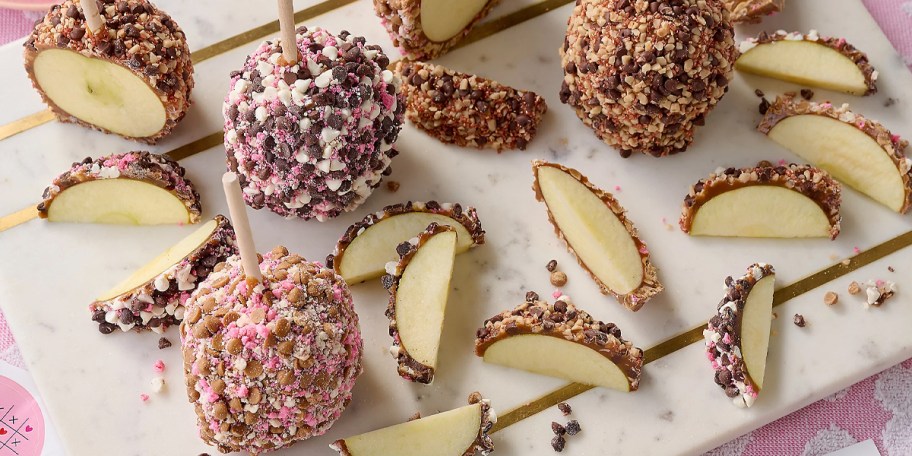 valentines day caramel apples and slices on plate 