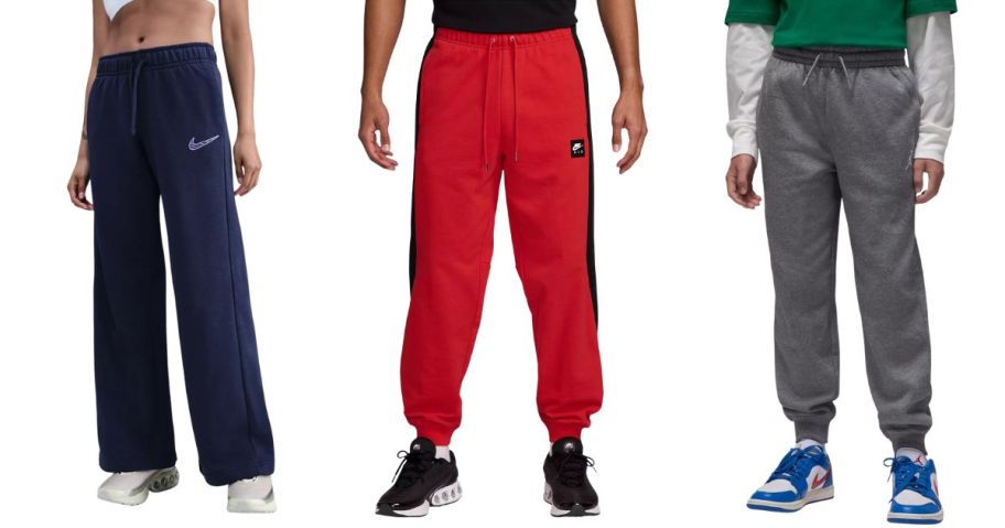 three people wearing nike pants