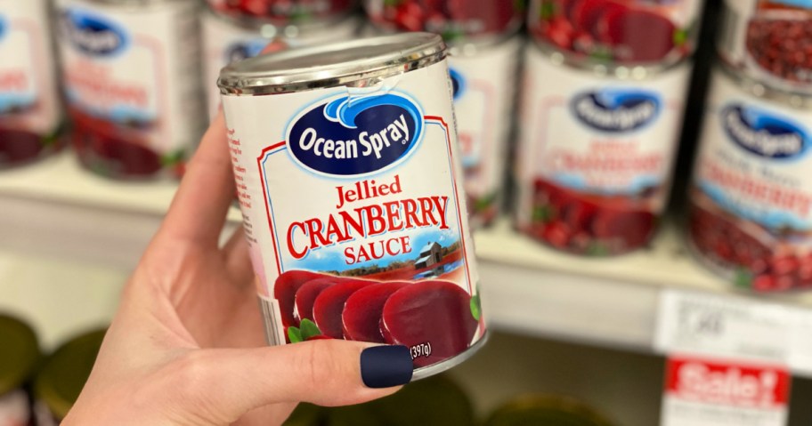 ocean spray cranberry sauce can in hand