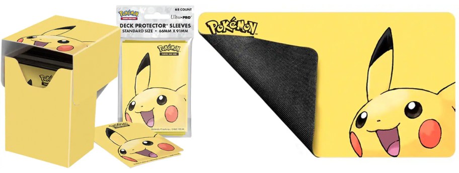 pikachu deck box, and mat 