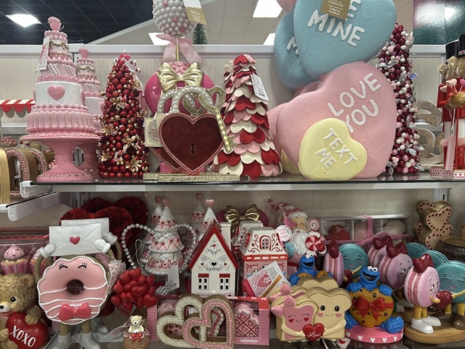 Valentines' decor items on a store shelf