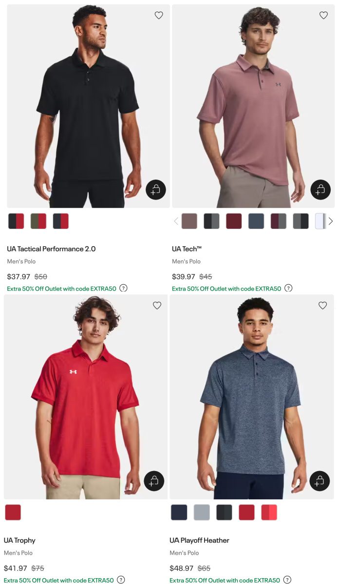 four men in black purple red and grey polo shirts