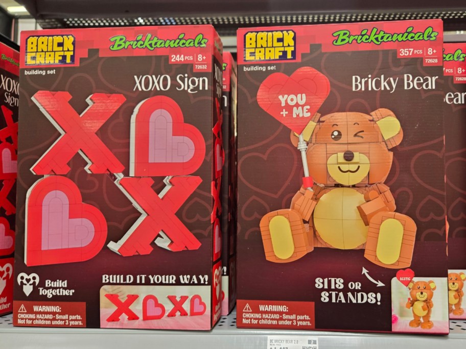 Two Valentines themed Brickcraft Bricktanicals sets on a shelf.