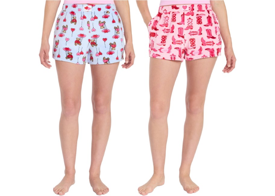Two women wearing Valentine's sleep shorts from Walmart.