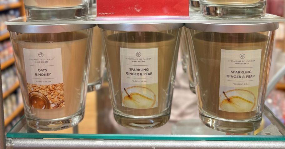 three Yankee Candle Chesapeake Bay Candles on shelf in store