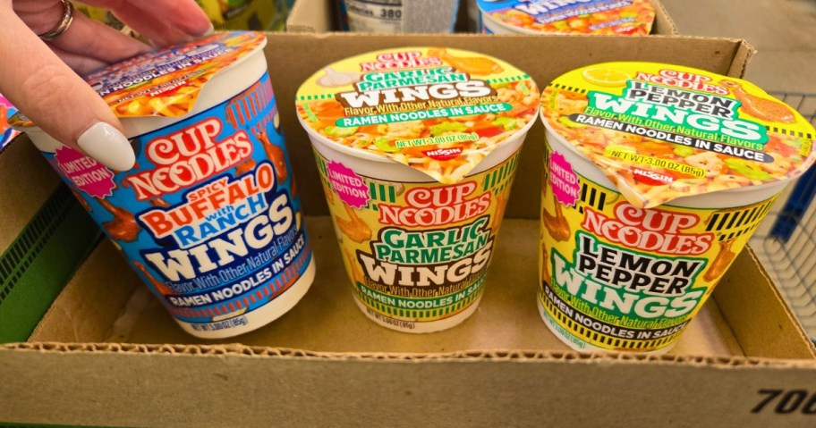 3 Nissin Cup Noodles Wing Flavors on a store display
