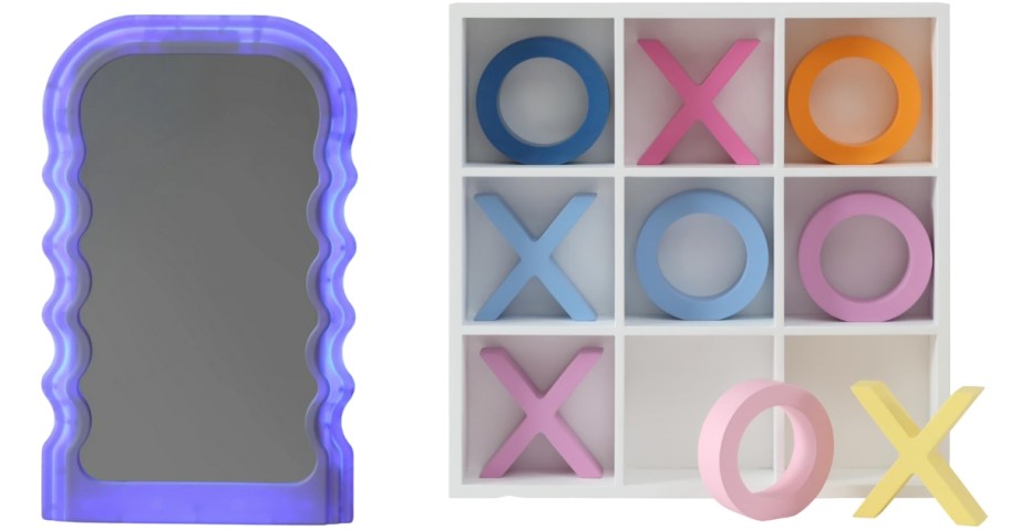 an LED mirror and a tic tac toe wall art piece