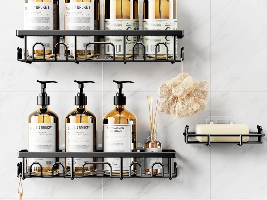 black shower caddy shelves with bottles and soap on them