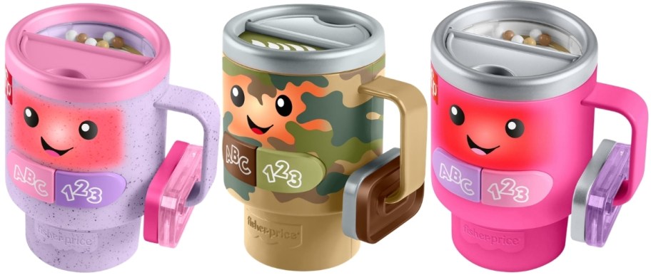 three fisher price laugh and learn mugs in purples, camo and pink.
